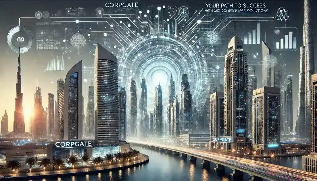 View of Dubai Marina with famous towers, highlighting Corpgate as the gateway for clients.